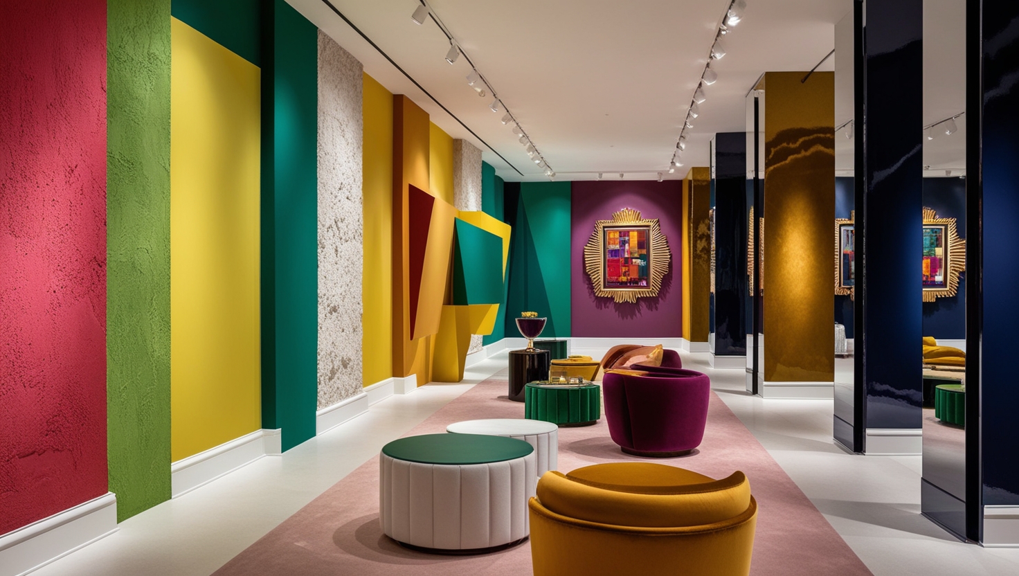 vibrant painted wall with colours - teal, mustard yellow, deep emerald, ruby red.