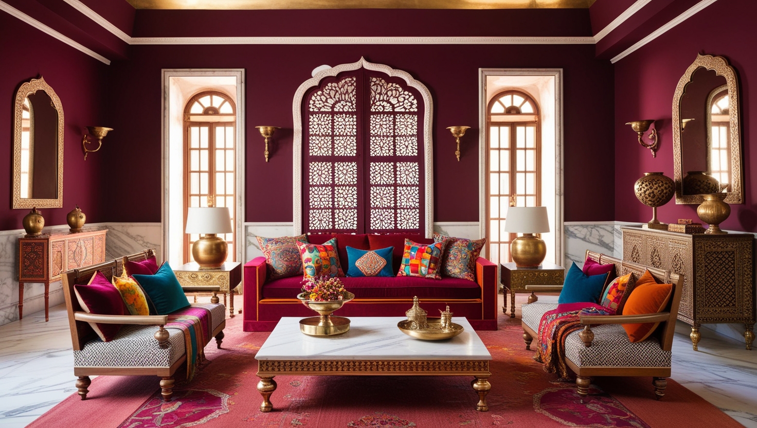 Maximalist Wall with Rich hues like peacock blue, terracotta, or maroon