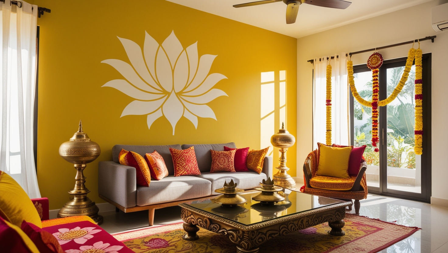 Yellow wall with lotus stencil for Onam