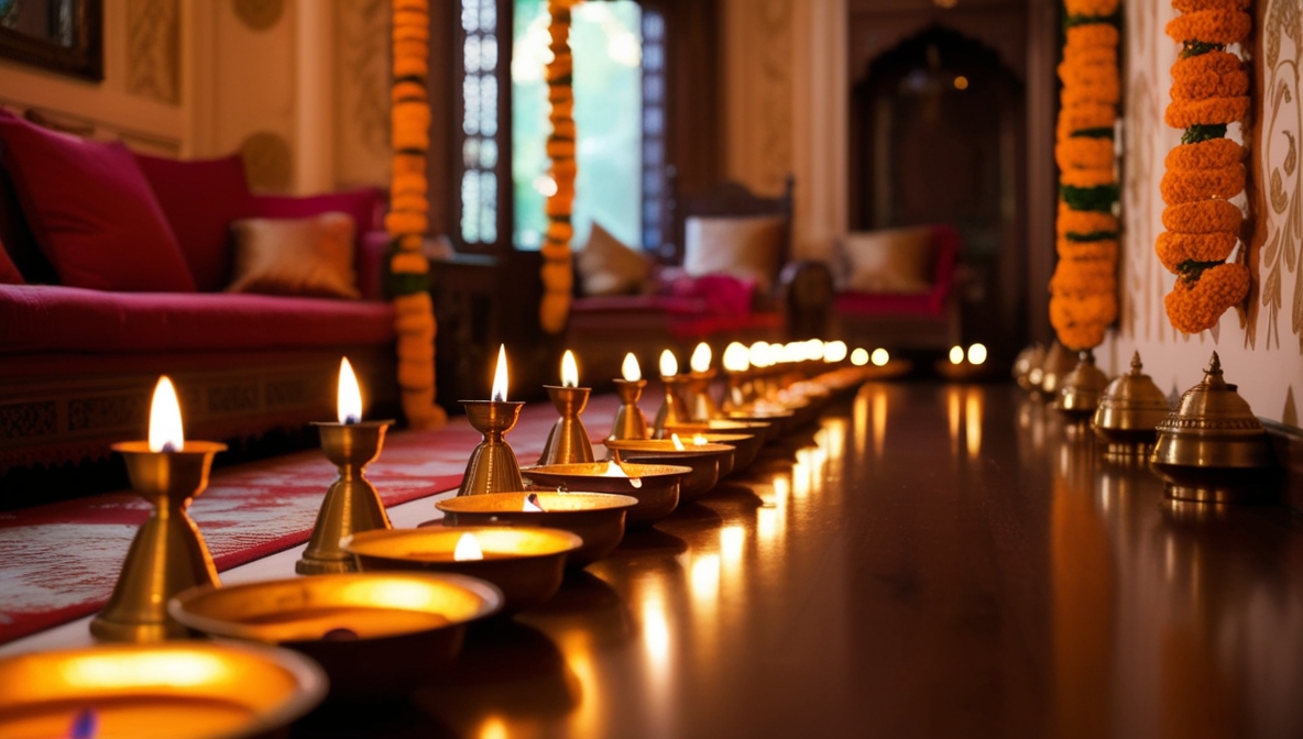 Home decorated with diyas and flower garlands for diwali