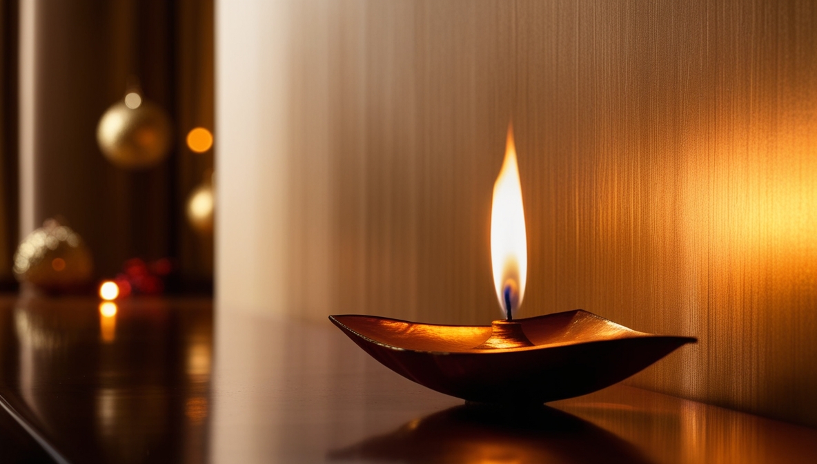 Diya placed in front of wall, the wall is shining due to the light of diya