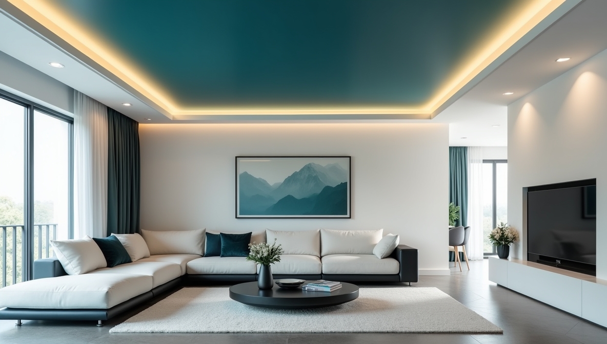 Crisp white walls + vibrant ceiling for a dramatic twist